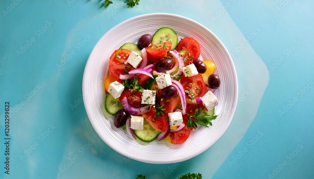 Greek salad with cucumbers, tomatoes, olives, and feta cheese on a white plate against a bright background. Ideal for Mediterranean cuisine, healthy eating, or summer recipe visuals Greek salad with cucumbers, tomatoes, olives, and feta cheese on a white plate against a bright background. Ideal for Mediterranean cuisine, healthy eating, or summer recipe visuals