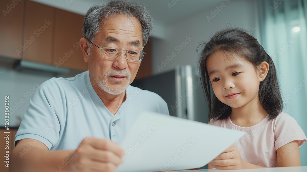 Asian grandfather and granddaughter carefully reviewing university financial aid form, considering future education opportunities and financial planning Asian grandfather and granddaughter carefully reviewing university financial aid form, considering future education opportunities and financial planning