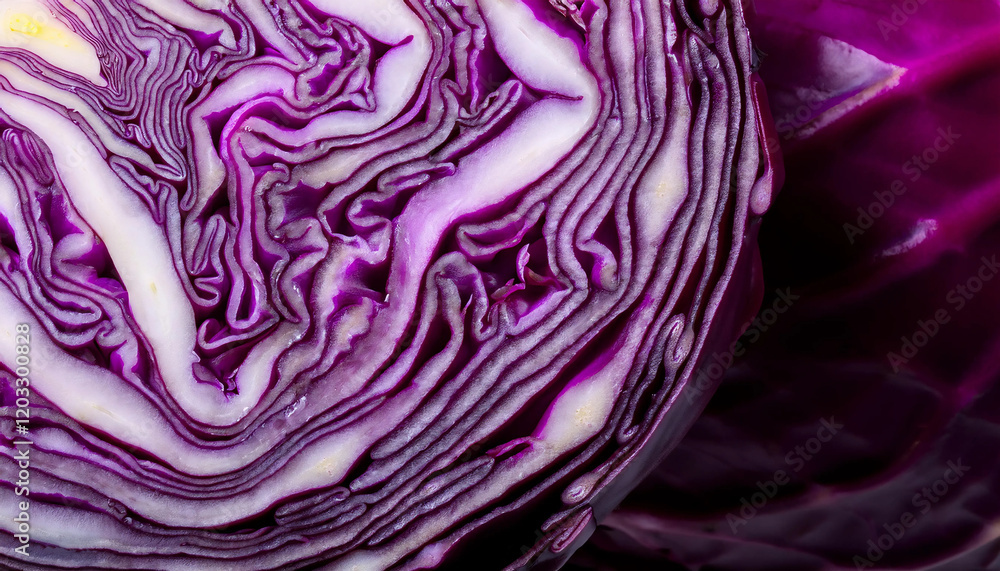 Obraz premium A freshly cut red cabbage showcasing its intricate texture and vibrant colors, revealing organic patterns that resemble abstract art and highlighting the striking beauty of fresh vegetables in nature