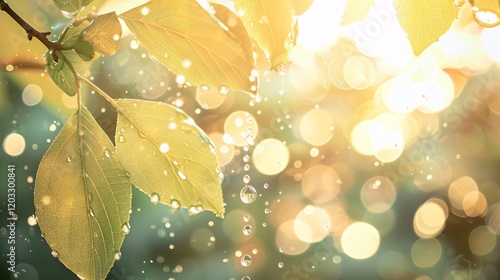 Sunlit leaves with bokeh and light bubbles, photorealistic and minimal style