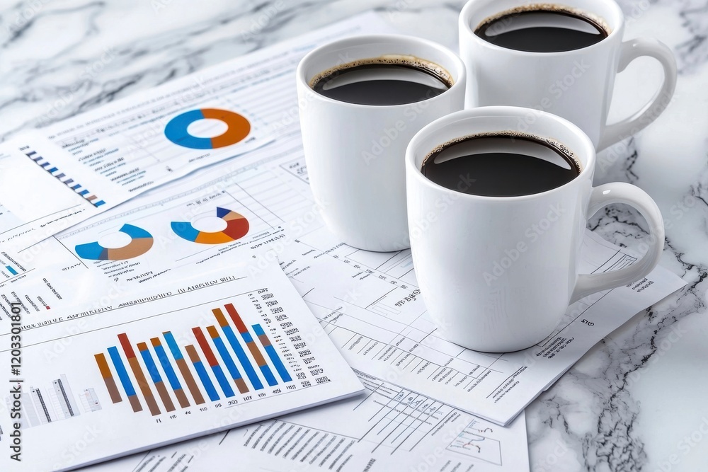 Three white coffee cups filled with black coffee sit atop business documents and colorful charts on a marble surface. Three white coffee cups filled with black coffee sit atop business documents and colorful charts on a marble surface.
