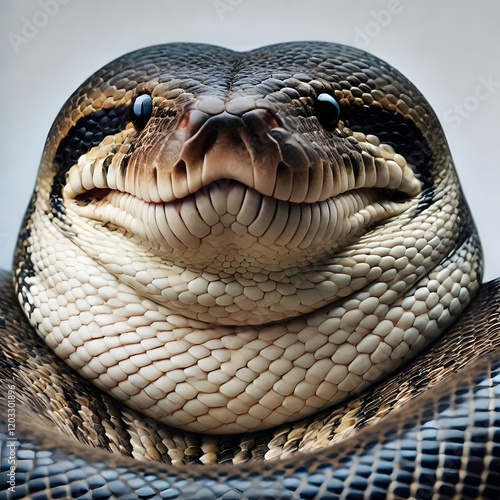 Intriguing Gaze: A close-up portrait of a python, its mesmerizing gaze fixed directly at the viewer. The snake's intricate scales and deep. photo