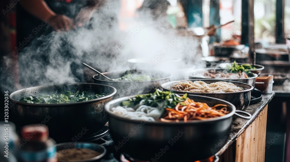 Steaming Bowls of Delicious Asian Cuisine at a bustling Street Food Market Steaming Bowls of Delicious Asian Cuisine at a bustling Street Food Market