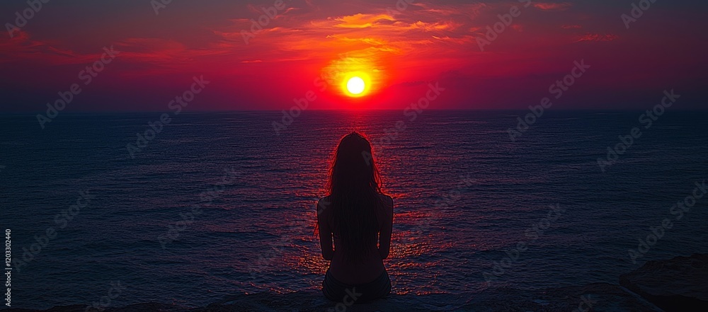 Fototapeta premium Woman watching sunset ocean