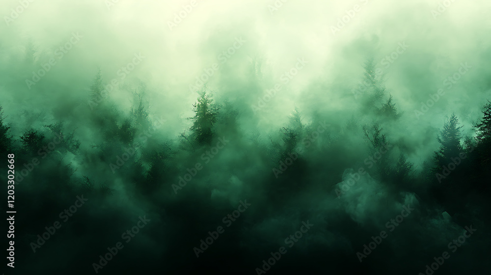 Obraz premium dark moody forest illustration with varying shades of green and heavy fog, highlighted in a gallery of background images 