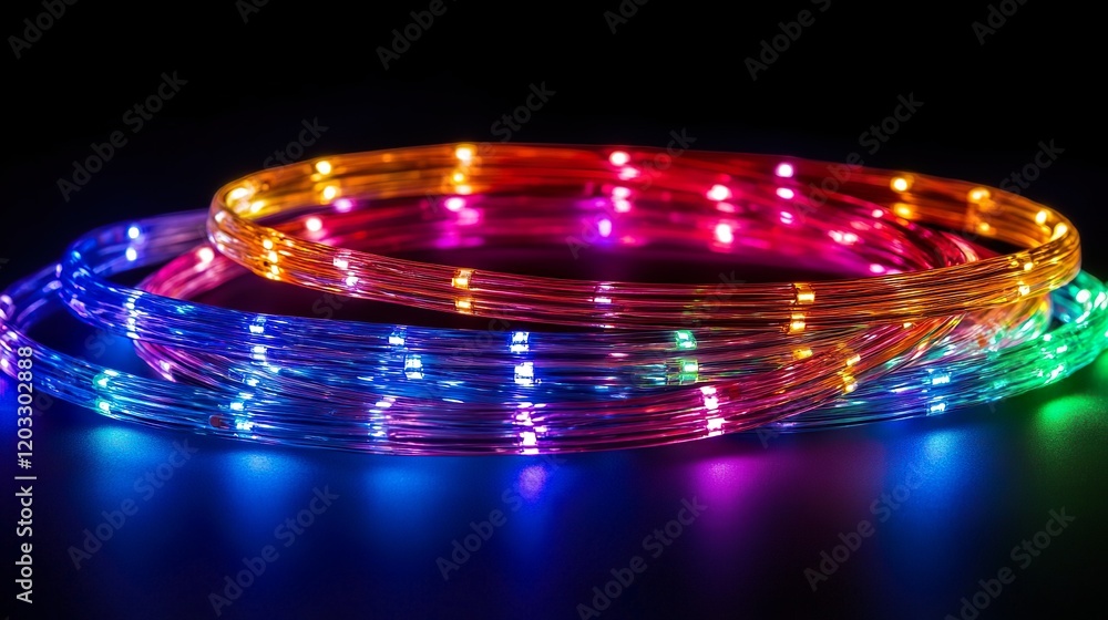 A close-up of a colorful, glowing LED light rope coiled in a circle, presenting a vibrant, dynamic, and modern aesthetic with a sense of energy and color A close-up of a colorful, glowing LED light rope coiled in a circle, presenting a vibrant, dynamic, and modern aesthetic with a sense of energy and color