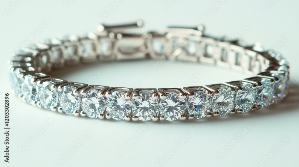A minimalist diamond bracelet with a single row of stones against a clean white backdrop A minimalist diamond bracelet with a single row of stones against a clean white backdrop