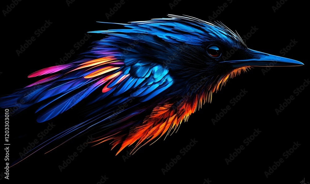 Fototapeta premium Vibrant blue and orange bird profile against black background.