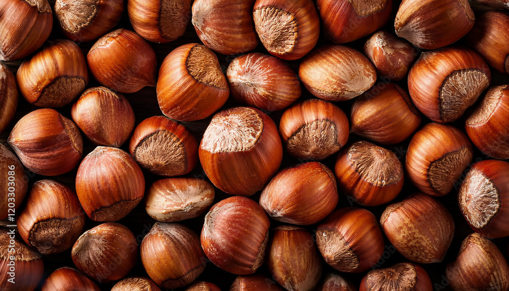 Macro photograph showcasing an array of hazelnuts, emphasizing their detailed textures, warm brown tones, and natural aesthetic. Perfect for culinary, nutritional, or organic themes Macro photograph showcasing an array of hazelnuts, emphasizing their detailed textures, warm brown tones, and natural aesthetic. Perfect for culinary, nutritional, or organic themes