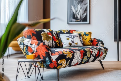 A modern loveseat in bold fabric, paired with a low geometric side table in a cozy living area photo