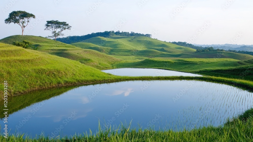Serene Rolling Hills Landscape with Pond Serene Rolling Hills Landscape with Pond