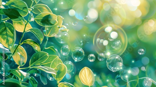 Sparkling light bubbles on green leaves, photorealistic and minimal style