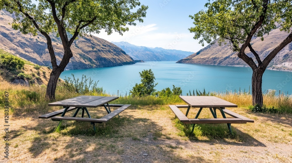 A roadside picnic area with tables, benches, and a view of a nearby lake A roadside picnic area with tables, benches, and a view of a nearby lake