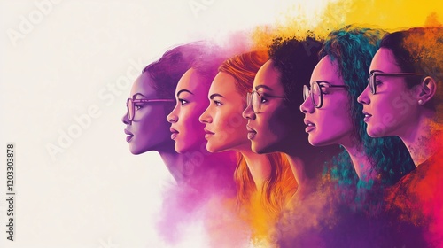 Digital illustration showcasing a diverse panel of women with different hairstyles and colors in vibrant hues