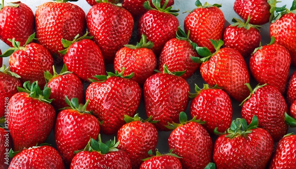 A vibrant collection of fresh red strawberries with green leaves, showcasing their texture and color. Strawberries texture, background A vibrant collection of fresh red strawberries with green leaves, showcasing their texture and color. Strawberries texture, background