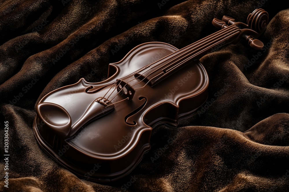 Obraz premium A sculpted chocolate violin, designed with smooth curves and fine detailing, sitting on a plush velvet background, the soft lighting reflecting off the glossy chocolate surface