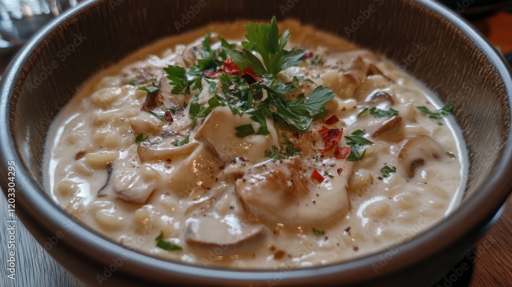 A creamy bowl of mushroom risotto served with a garnish of parsley A creamy bowl of mushroom risotto served with a garnish of parsley