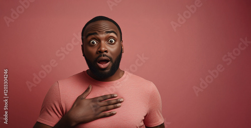 black man showing shocked expression with wide eyes and open mouth, hand on chest. The background has a soft pink shade that enhances emotionality. photo