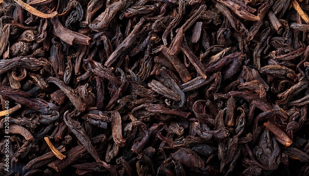 Detailed photograph of loose tea leaves, capturing their texture, color variations and intricate shapes, evoking a sense of comfort and indulging in traditional beverage practices. Texture, background Detailed photograph of loose tea leaves, capturing their texture, color variations and intricate shapes, evoking a sense of comfort and indulging in traditional beverage practices. Texture, background