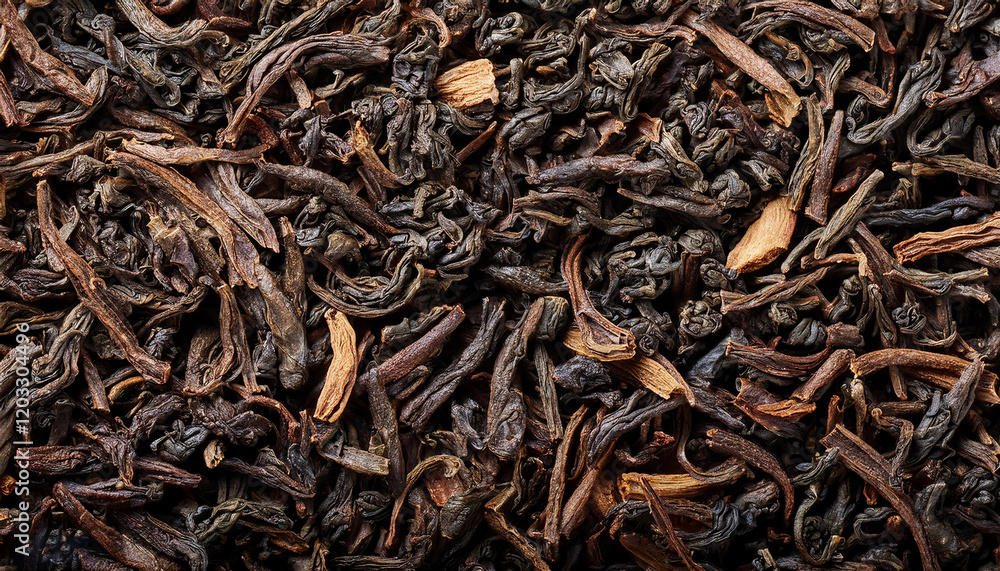 Detailed photograph of loose tea leaves, capturing their texture, color variations and intricate shapes, evoking a sense of comfort and indulging in traditional beverage practices. Leaf tea background Detailed photograph of loose tea leaves, capturing their texture, color variations and intricate shapes, evoking a sense of comfort and indulging in traditional beverage practices. Leaf tea background