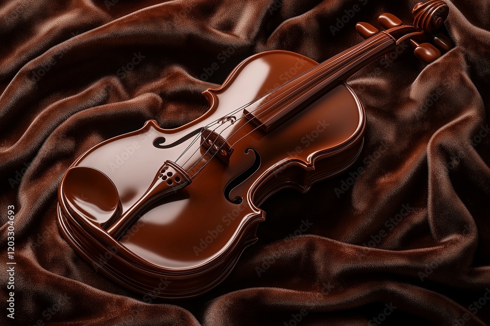 Obraz premium A sculpted chocolate violin, designed with smooth curves and fine detailing, sitting on a plush velvet background, the soft lighting reflecting off the glossy chocolate surface