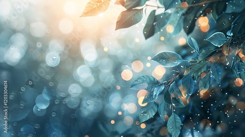 Close-up of leaves with bokeh and light bubbles, photorealistic and minimal style