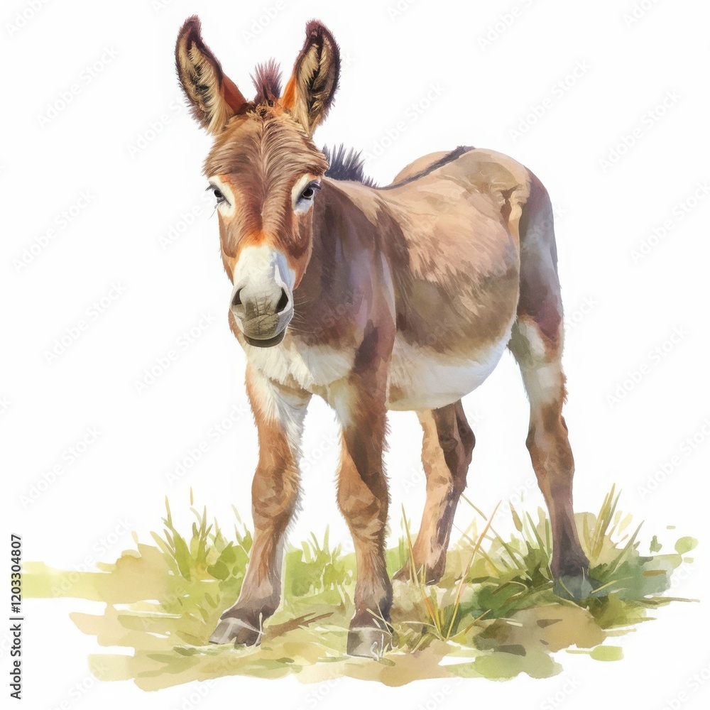 Gentle Donkey Portrait: A charming donkey, with its distinctive long ears and soft brown fur, stands confidently in a patch of grass, evoking a sense of resilience and unwavering spirit. Gentle Donkey Portrait: A charming donkey, with its distinctive long ears and soft brown fur, stands confidently in a patch of grass, evoking a sense of resilience and unwavering spirit.