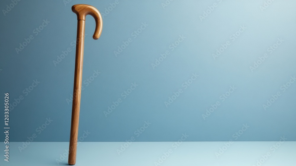 A simple cane with a T-shaped handle leaning on a pastel blue wall background A simple cane with a T-shaped handle leaning on a pastel blue wall background
