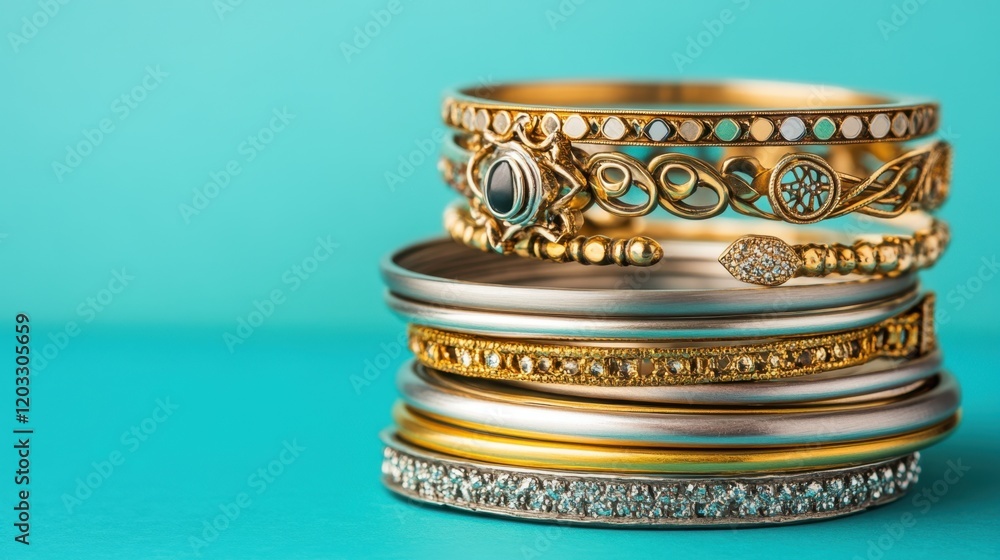 A stack of gold and silver bracelets arranged artistically on a gradient turquoise background A stack of gold and silver bracelets arranged artistically on a gradient turquoise background