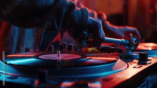 DJ seamlessly mixing tracks on a stateoftheart digital turntable, orchestrating the perfect soundtrack for the night  ,close-up photo