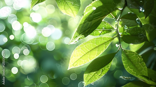 Green leaves with light bubbles and bokeh, photorealistic and minimal style