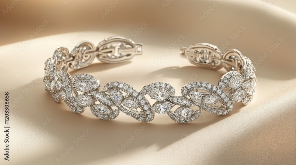 Obraz premium A vintage diamond bracelet with intricate designs placed on a soft cream background