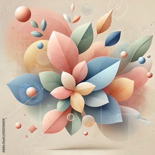 Abstract Composition of Flowers and Geometric Shapes in Pastel Colors