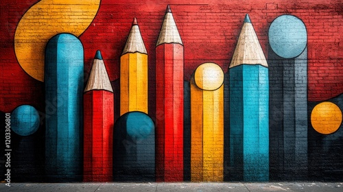 Colorful pencil mural on brick wall.