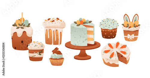 Easter cakes with cream and sprinkles. Easter treats and chocolate bunnies. Festive vector illustration set of Easter cakes and eggs.