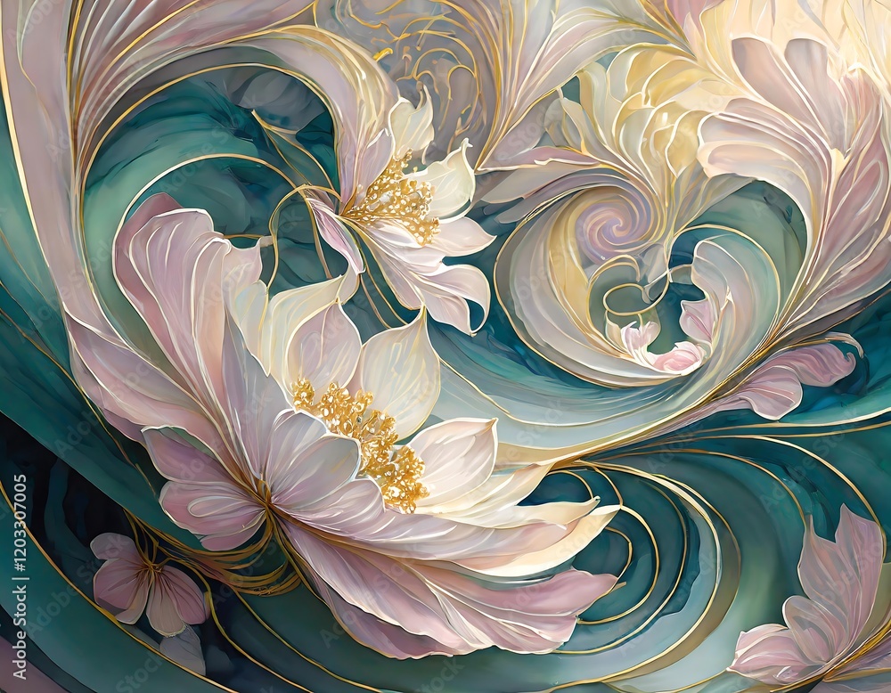custom made wallpaper toronto digitalDelicate artistic flowers in soft colors with leaves and details. Generative AI