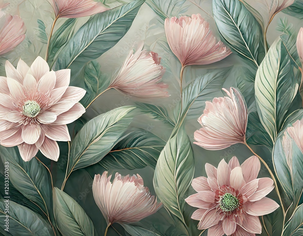 custom made wallpaper toronto digitalDelicate artistic flowers in soft colors with leaves and details. Generative AI