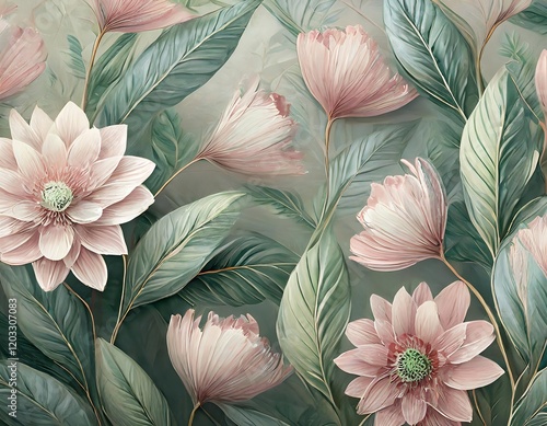 Wallpaper Mural Delicate artistic flowers in soft colors with leaves and details. Generative AI Torontodigital.ca