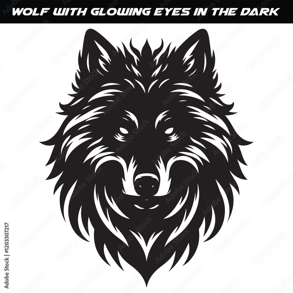 Fototapeta premium Black and White Wolf Head Drawing with Glowing Eyes on Dark Background