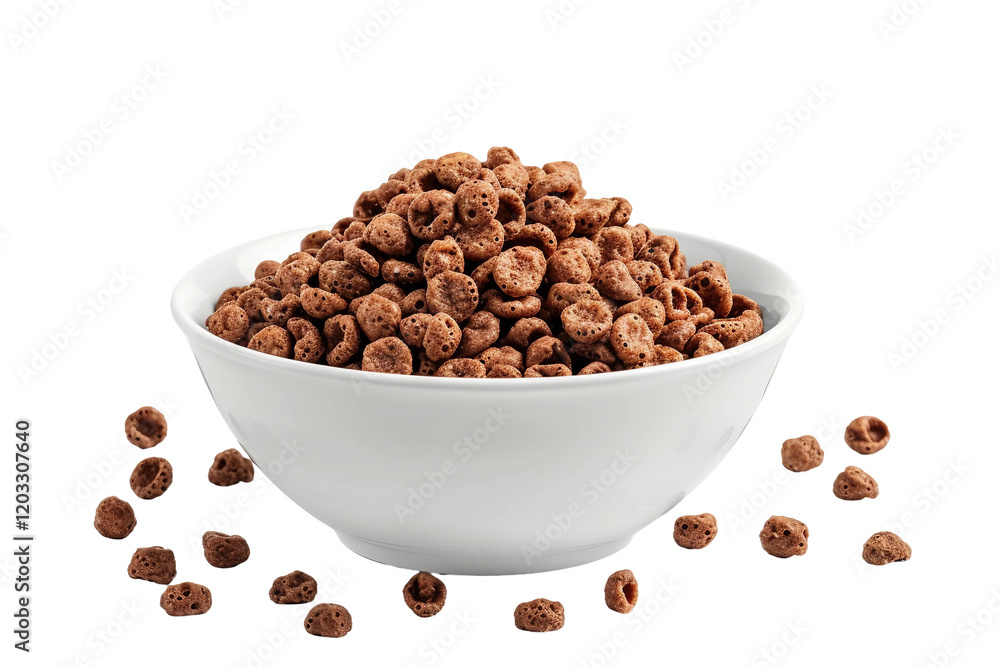 Crunchy cocoa puffs cereal packed with rich chocolate flavor isolated on transparent background Crunchy cocoa puffs cereal packed with rich chocolate flavor isolated on transparent background
