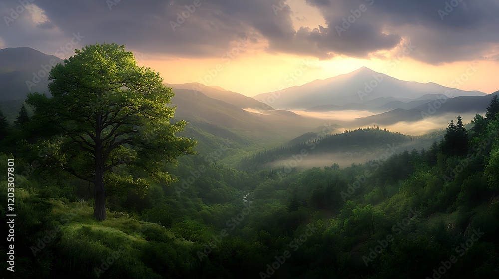 Obraz premium Serene mountain landscape at sunset with lush greenery and misty valley in the background