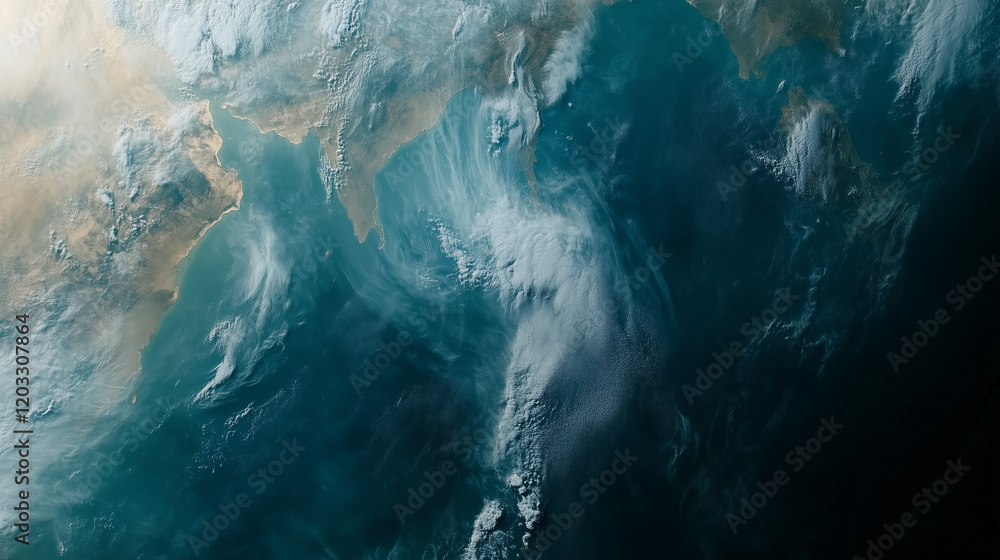 Fototapeta premium The image captures a stunning view of Earth from space, highlighting the Indian Ocean's vibrant waters and the landmass of South Asia during daytime. Various cloud formations are visible.