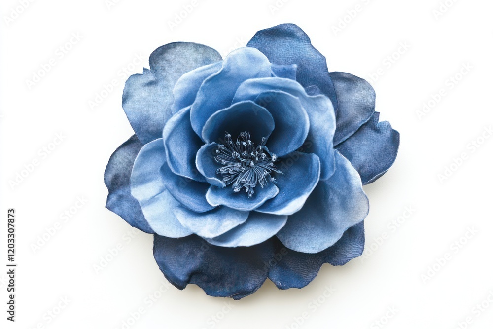 Blue fabric flower, overhead studio shot, white background, craft decoration Blue fabric flower, overhead studio shot, white background, craft decoration