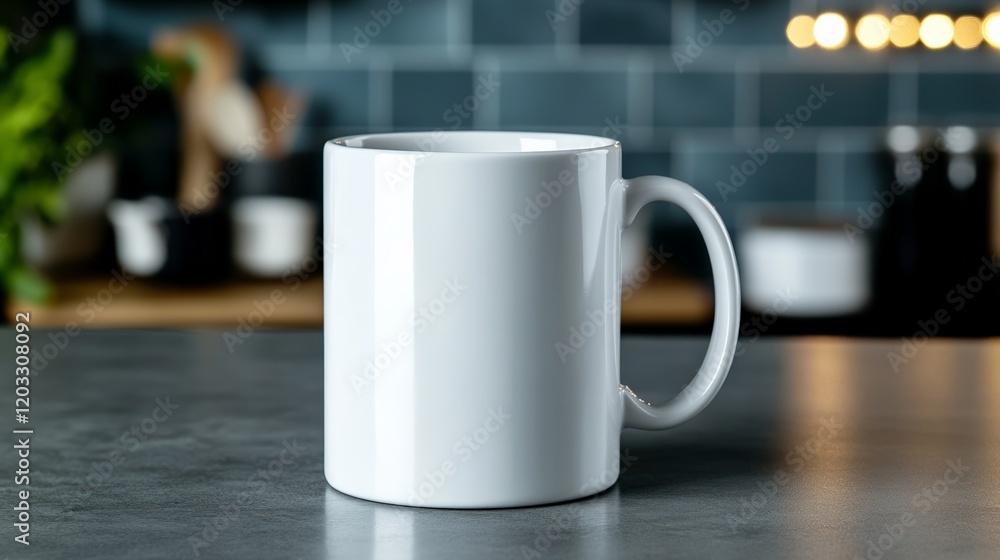 Simple white ceramic mug on a countertop surrounded by a cozy atmosphere. Simple white ceramic mug on a countertop surrounded by a cozy atmosphere.