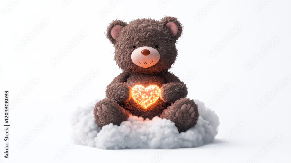A cuddly bear plush with chocolate brown fur and soft pink paw pads, holding a small glowing heart, sitting on a fluffy white cloud with playful glowing sparkles. Clear white background A cuddly bear plush with chocolate brown fur and soft pink paw pads, holding a small glowing heart, sitting on a fluffy white cloud with playful glowing sparkles. Clear white background