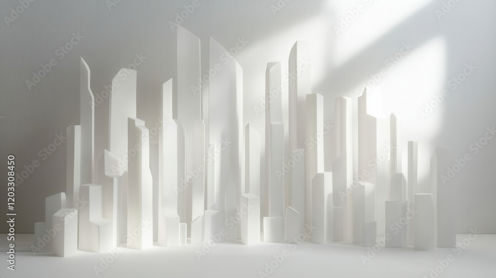 Abstract white architectural models showcasing various heights and angles against soft lighting Abstract white architectural models showcasing various heights and angles against soft lighting