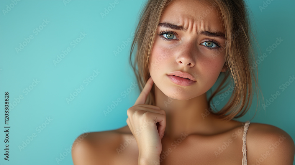 A young woman with striking blue eyes contemplates deeply, lightly touching her neck as if to indicate pain. Her sophisticated expression conveys thoughtfulness and intrigue against a bright turquoise A young woman with striking blue eyes contemplates deeply, lightly touching her neck as if to indicate pain. Her sophisticated expression conveys thoughtfulness and intrigue against a bright turquoise