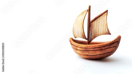 Small wooden sailboat on white background, ideal for travel or adventure themes photo