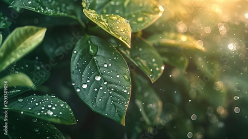 Dewy leaves with sparkling light bubbles, photorealistic and minimal style