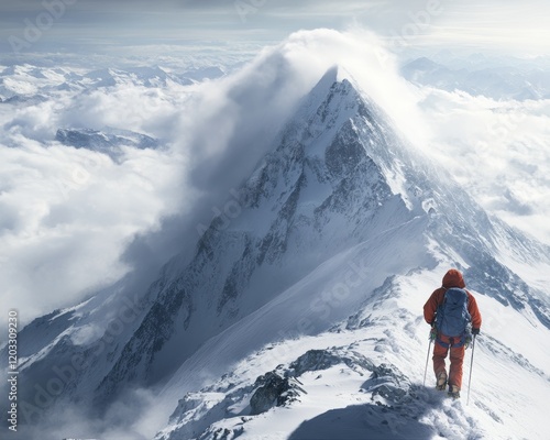 A climber stands atop a snowy mountain peak.